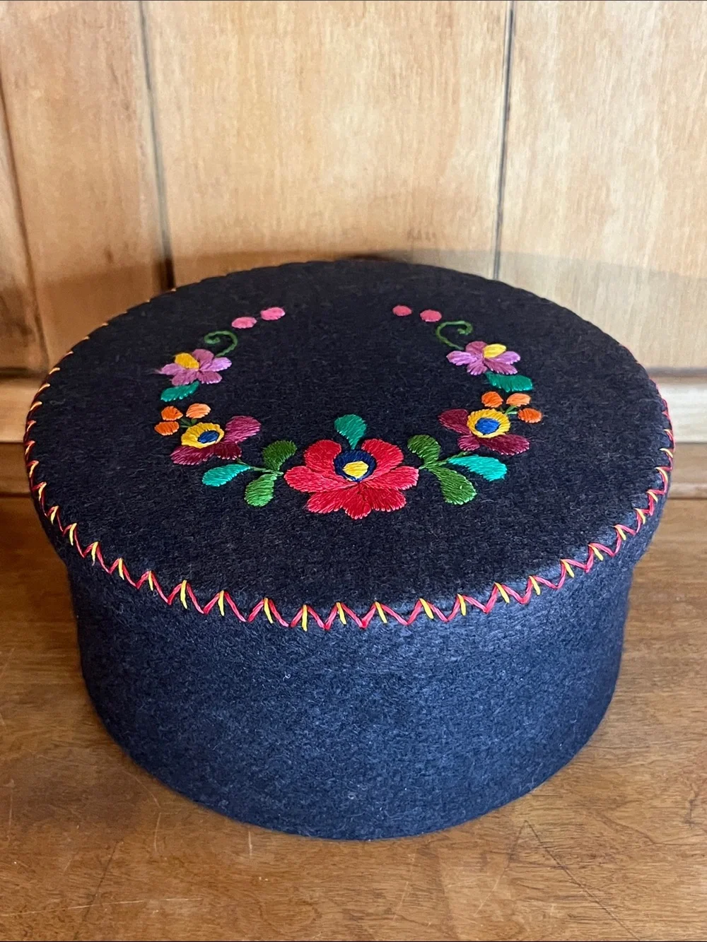 Beautiful 70’s Hungarian Folk-Art Felt/Wool Sewing Box-Floral Embroidery Detail
